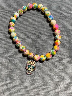 Hand Crafted Multicolor Beaded Bracelet with Sugar Skull Charm (made by artisan)